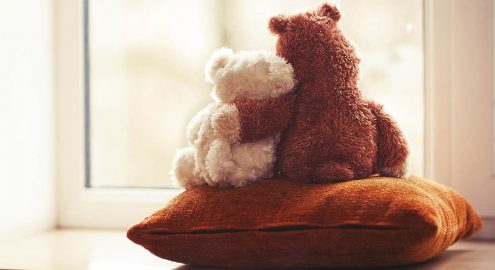 Two embracing teddy bears looking through the window sitting on window-sill.